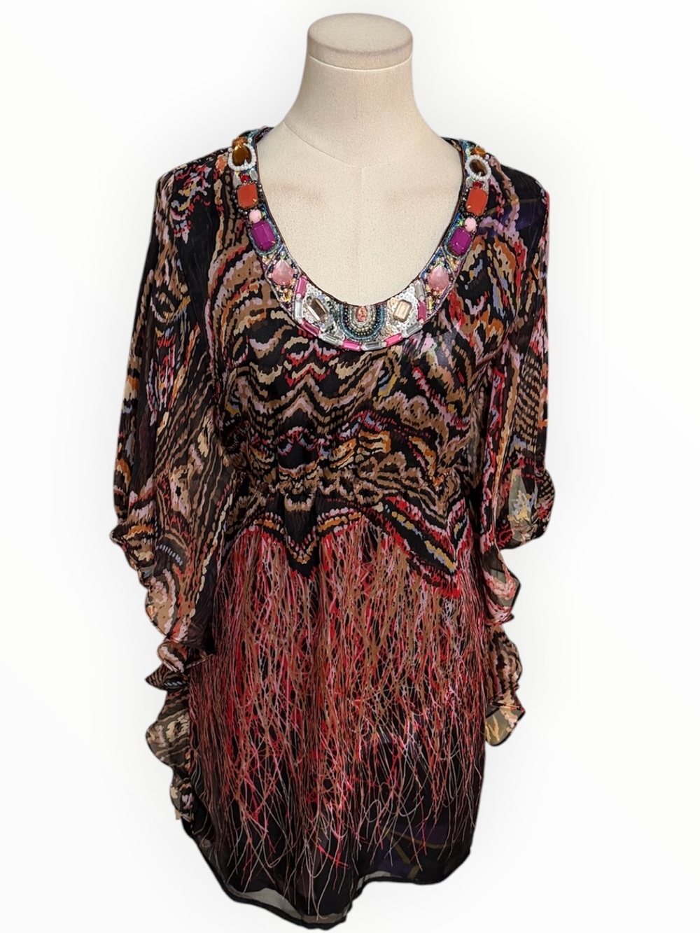 MEGHAN LA Black Silk Jeweled V-Neck Tunic Dress Kaftan CoverUp 0 XS